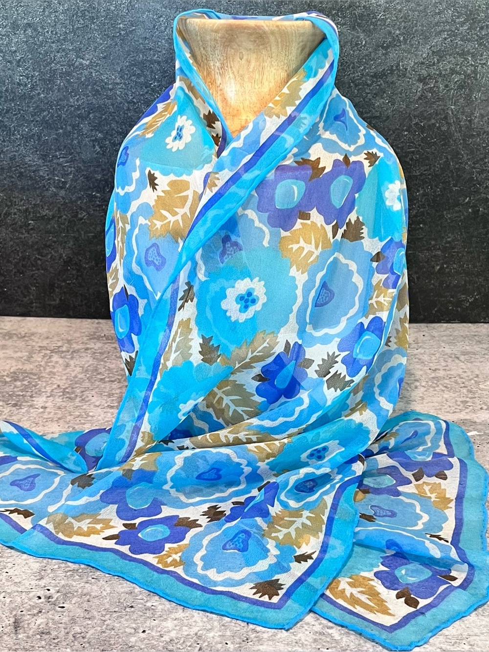 Vintage Vera Sheer Blue Floral Scarf, Rectangular, approx 43”L x 13.5” W
